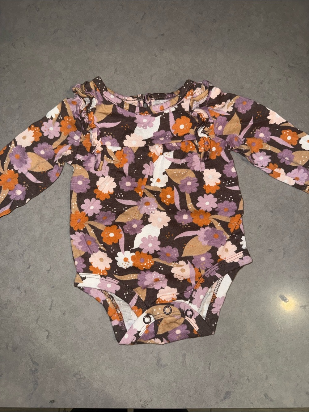 Floral Long-Sleeve Baby One-Piece in Brown and Purple
